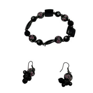 Vintage Jewelry Set Dangle Earrings Beaded Stretch Bracelet Black Purple Floral